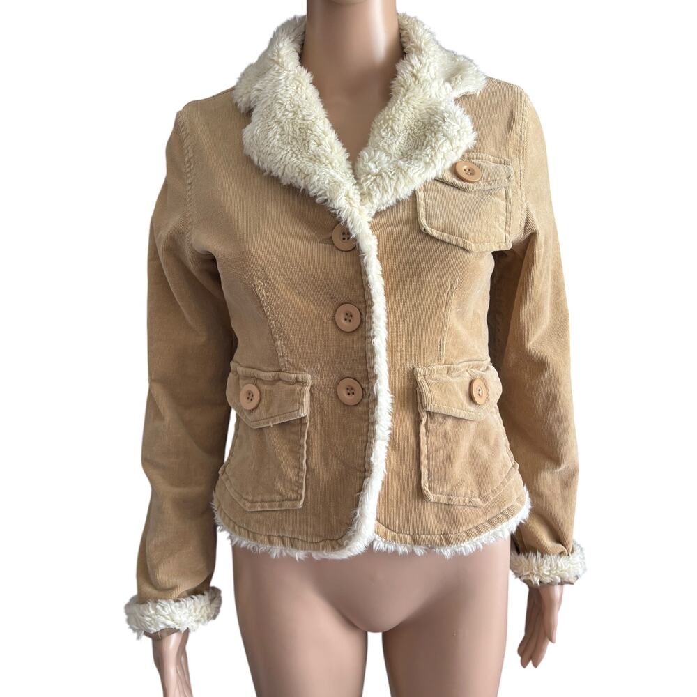Vintage Y2K Penny Lane Corduroy Faux Fur Trim Fitted Jacket Camel Tan Size S
